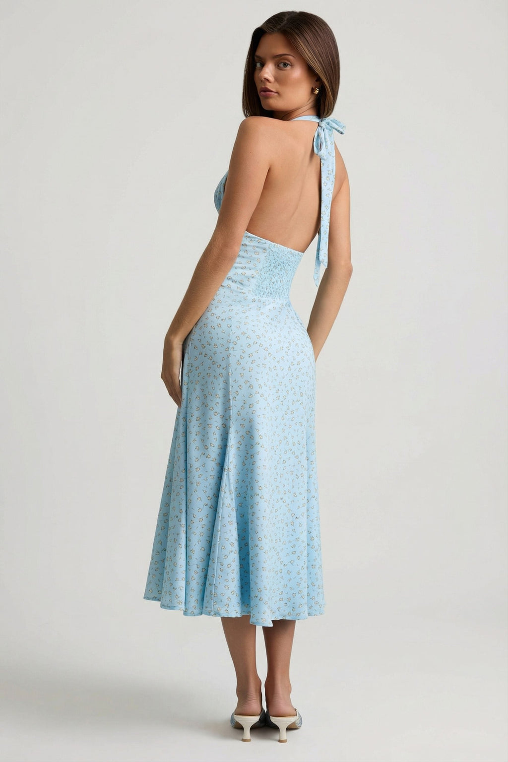 Women's Halterneck Midaxi Dress in Blue Flower Print — Dress