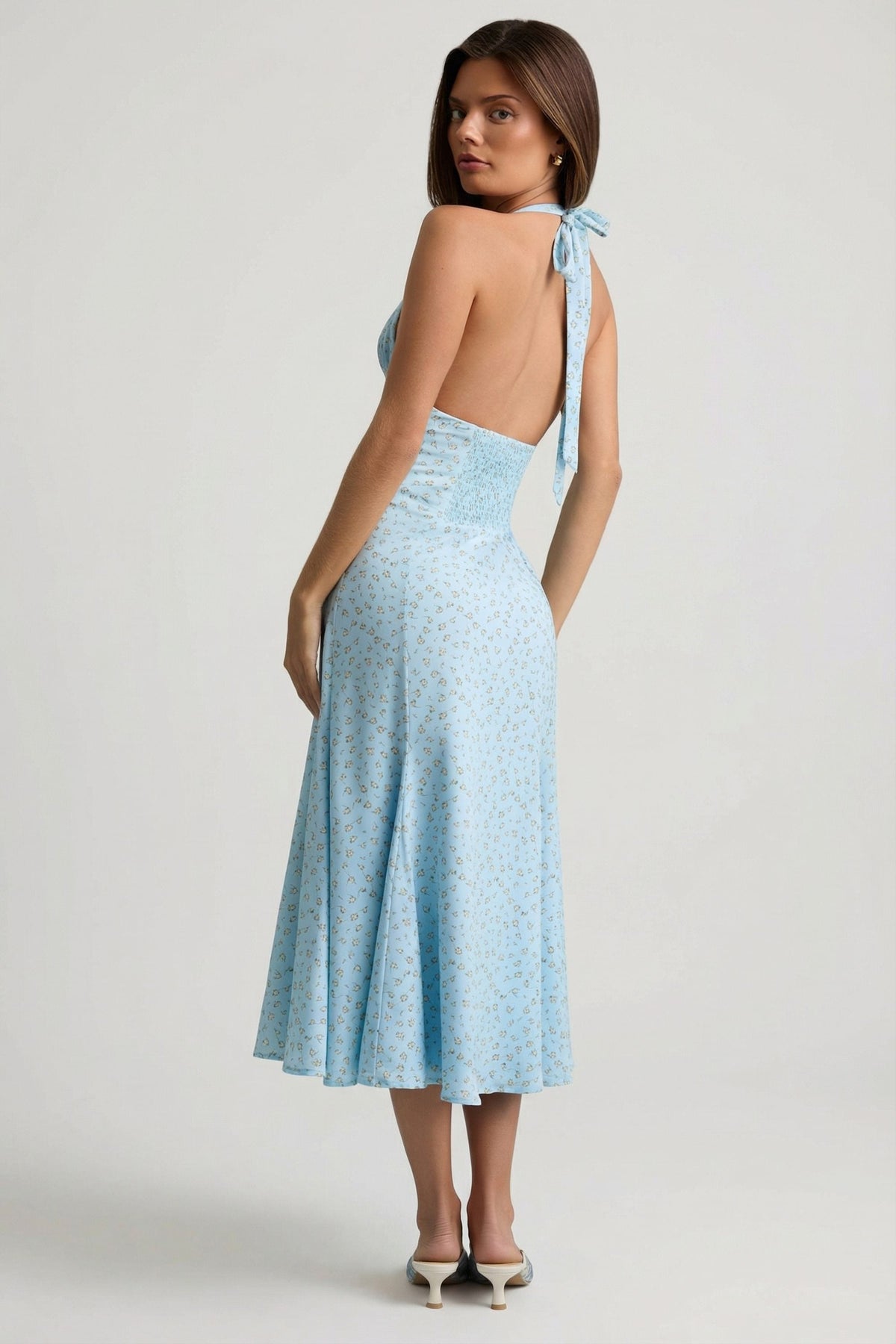 Women's Halterneck Midaxi Dress in Blue Flower Print — Dress