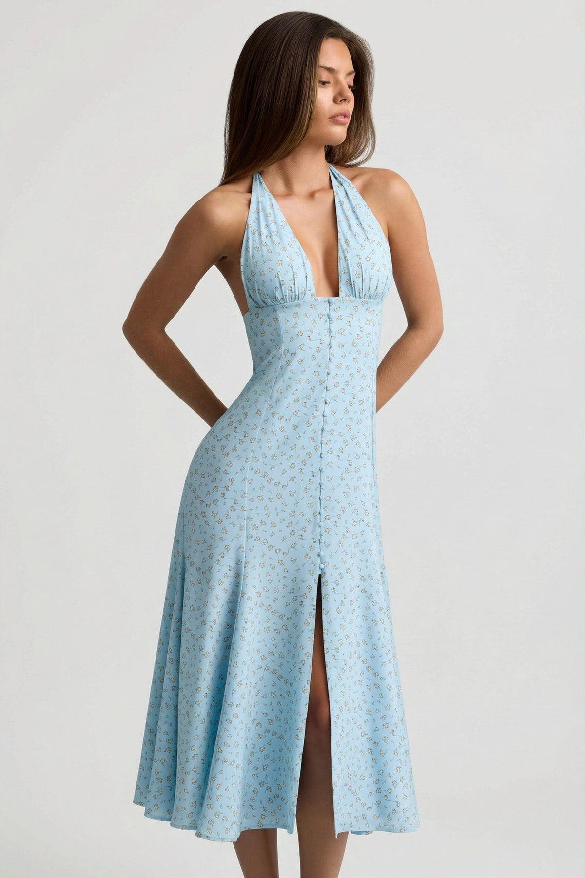 Women's Halterneck Midaxi Dress in Blue Flower Print — Dress