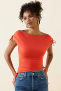 Women's Asymmetric Ruched Cowl-Back Crop Top in Scarlet
