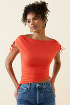 Women's Asymmetric Ruched Cowl-Back Crop Top in Scarlet
