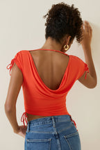 Women's Asymmetric Ruched Cowl-Back Crop Top in Scarlet