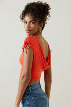 Women's Asymmetric Ruched Cowl-Back Crop Top in Scarlet
