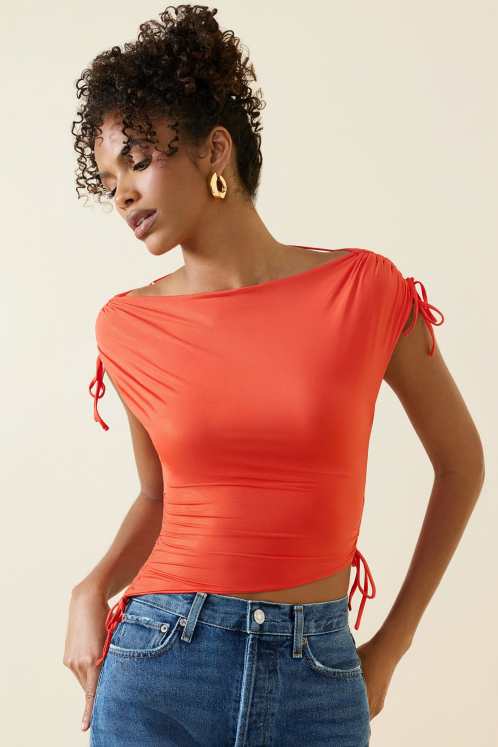 Women's Asymmetric Ruched Cowl-Back Crop Top in Scarlet