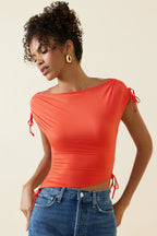 Women's Asymmetric Ruched Cowl-Back Crop Top in Scarlet