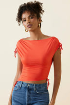Women's Asymmetric Ruched Cowl-Back Crop Top in Scarlet