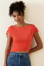 Women's Asymmetric Ruched Cowl-Back Crop Top in Scarlet