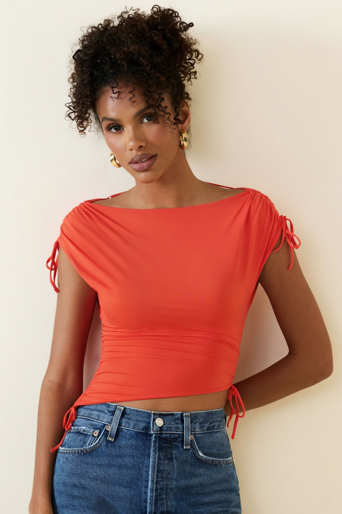 Women's Asymmetric Ruched Cowl-Back Crop Top in Scarlet