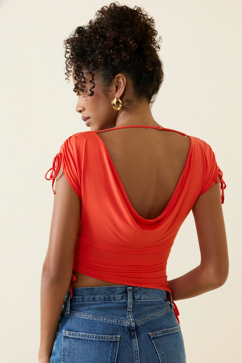 Women's Asymmetric Ruched Cowl-Back Crop Top in Scarlet