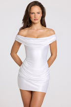 Women's Satin Off-Shoulder Draped Mini Dress in White — Dress