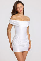 Women's Satin Off-Shoulder Draped Mini Dress in White — Dress