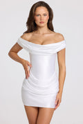 Women's Satin Off-Shoulder Draped Mini Dress in White — Dress