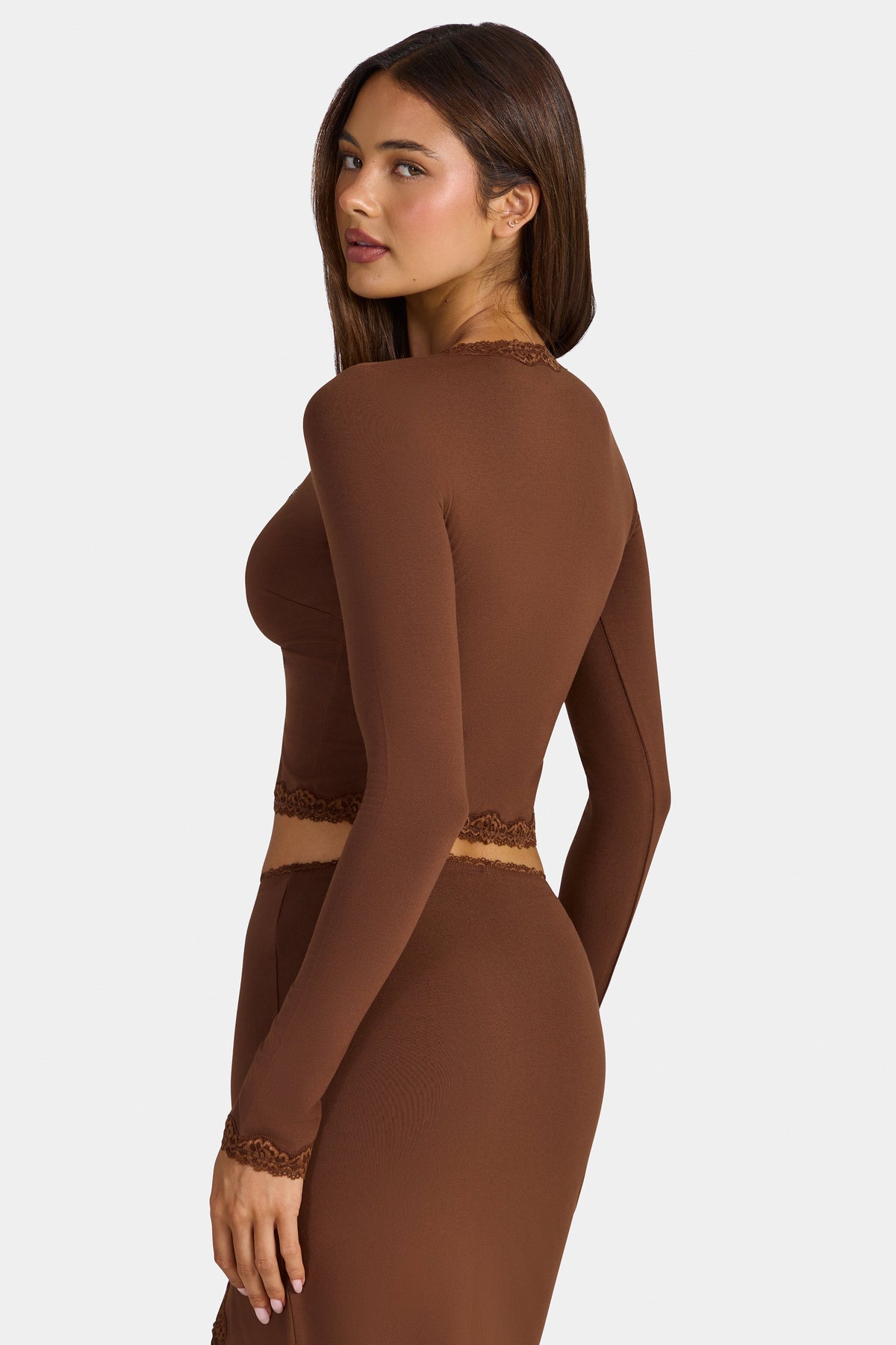 Women's Modal Lace-Trim Cropped Cardigan in Cocoa Brown — Sweater