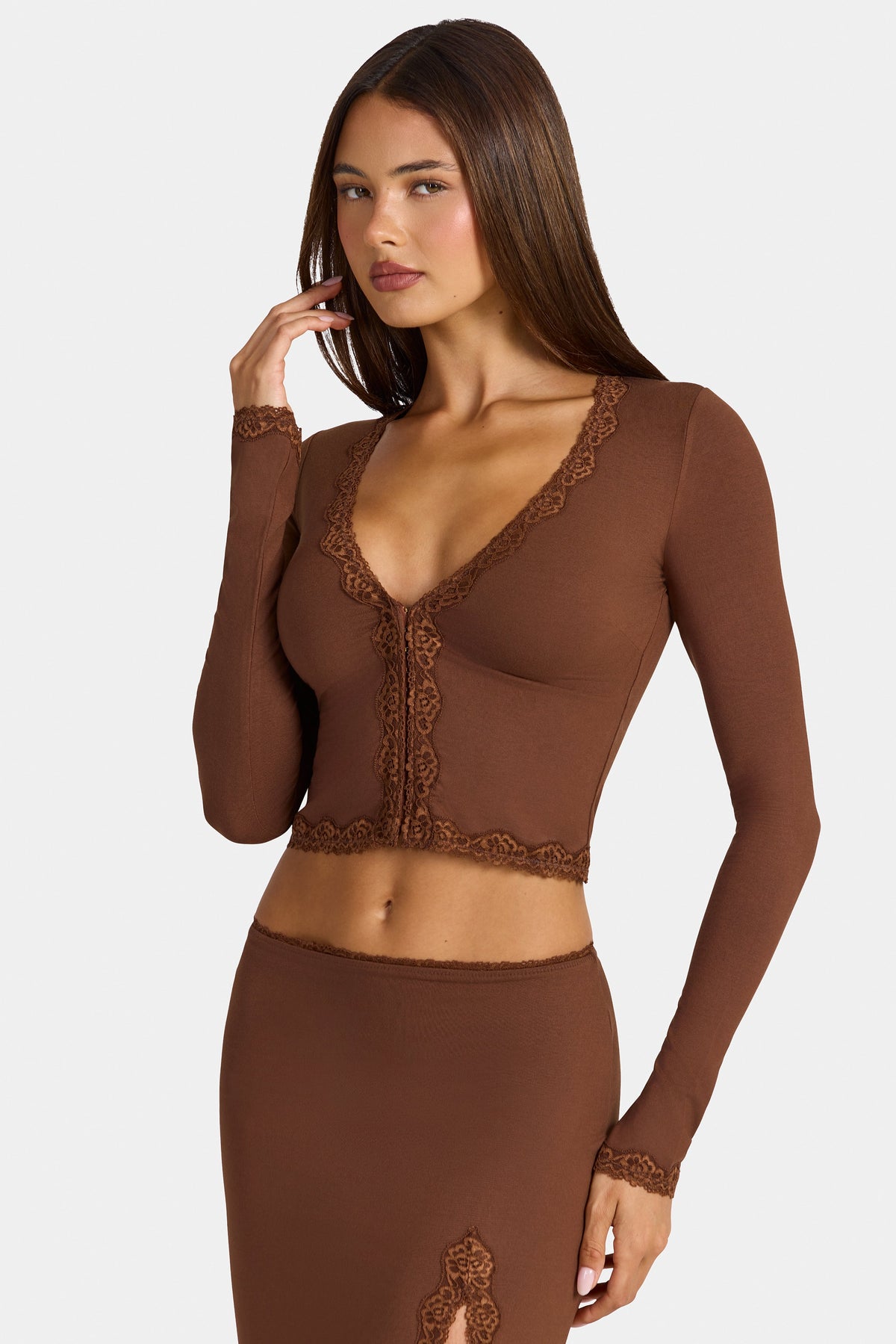 Women's Modal Lace-Trim Cropped Cardigan in Cocoa Brown — Sweater