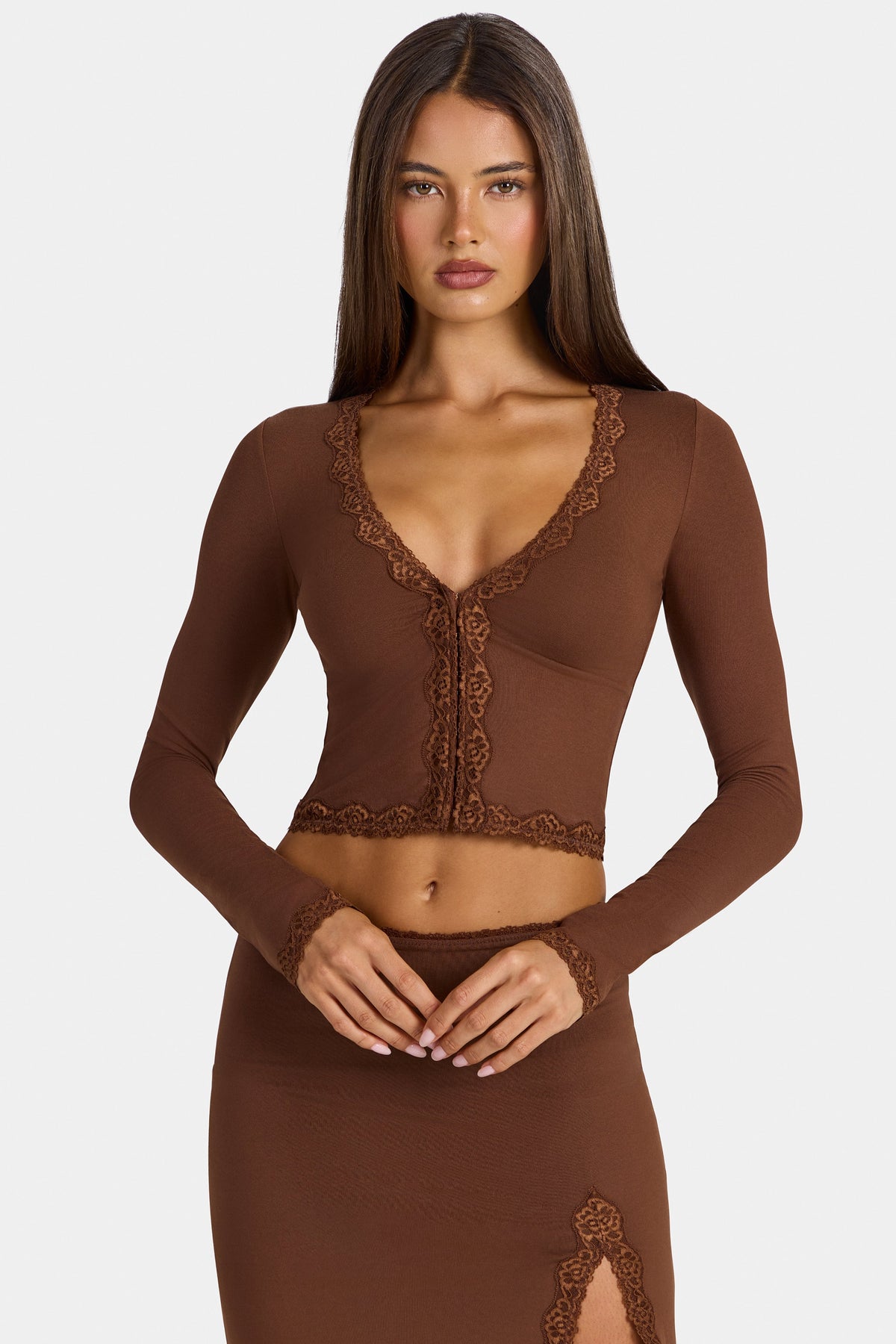 Women's Modal Lace-Trim Cropped Cardigan in Cocoa Brown — Sweater
