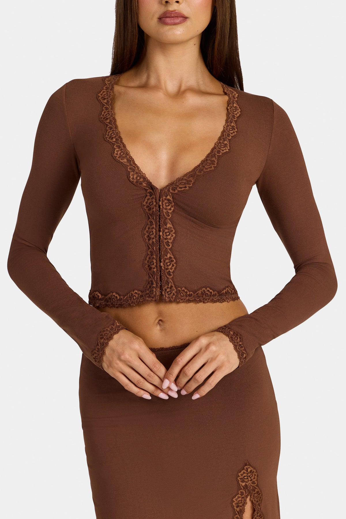 Women's Modal Lace-Trim Cropped Cardigan in Cocoa Brown — Sweater