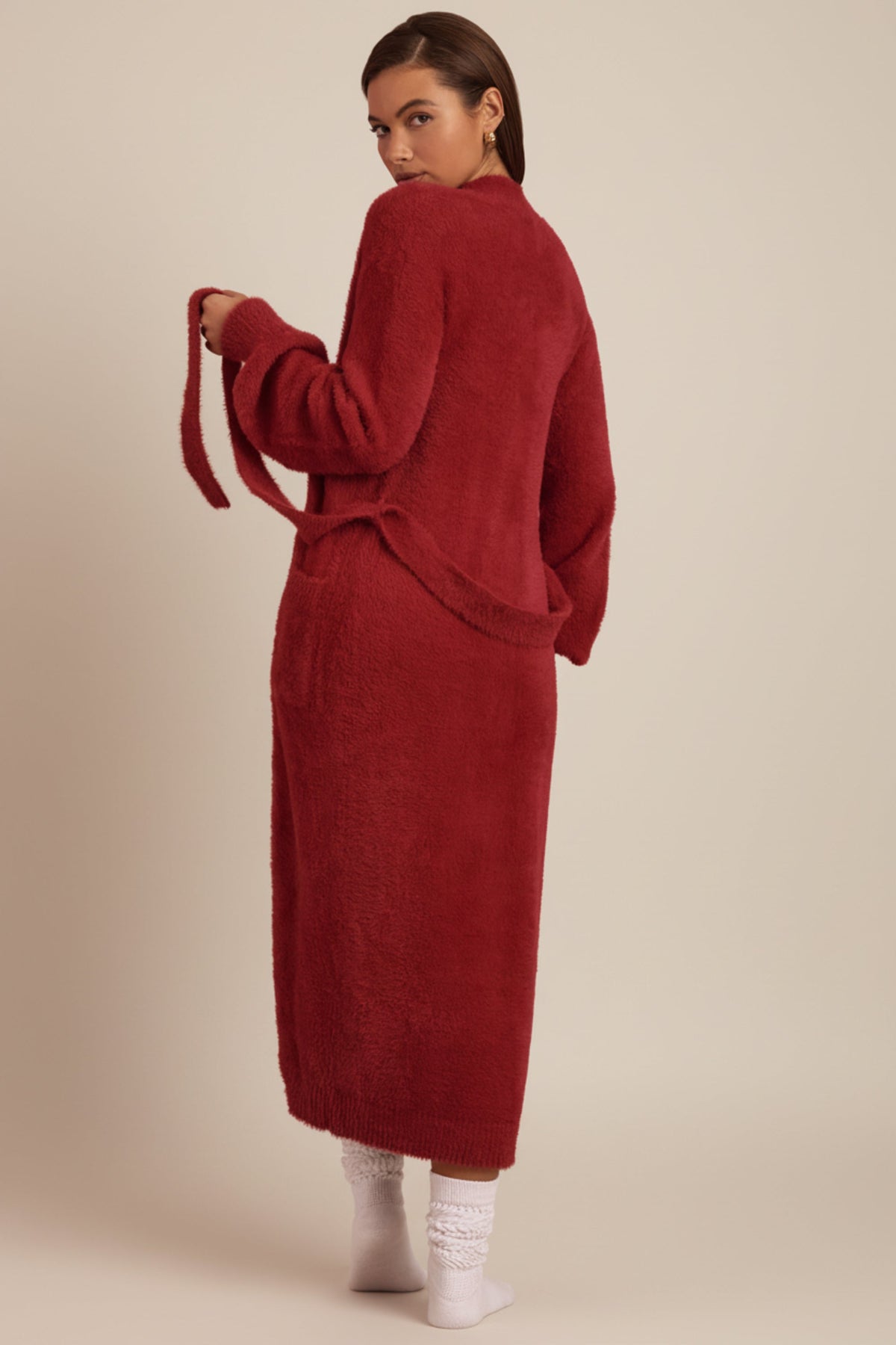 Women's Fluffy Knit Longline Cardigan in Ruby Red — Sweater