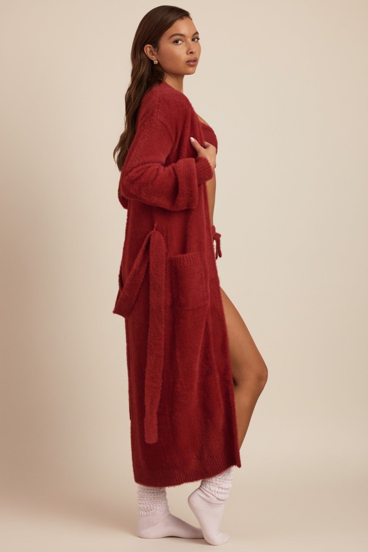 Women's Fluffy Knit Longline Cardigan in Ruby Red — Sweater