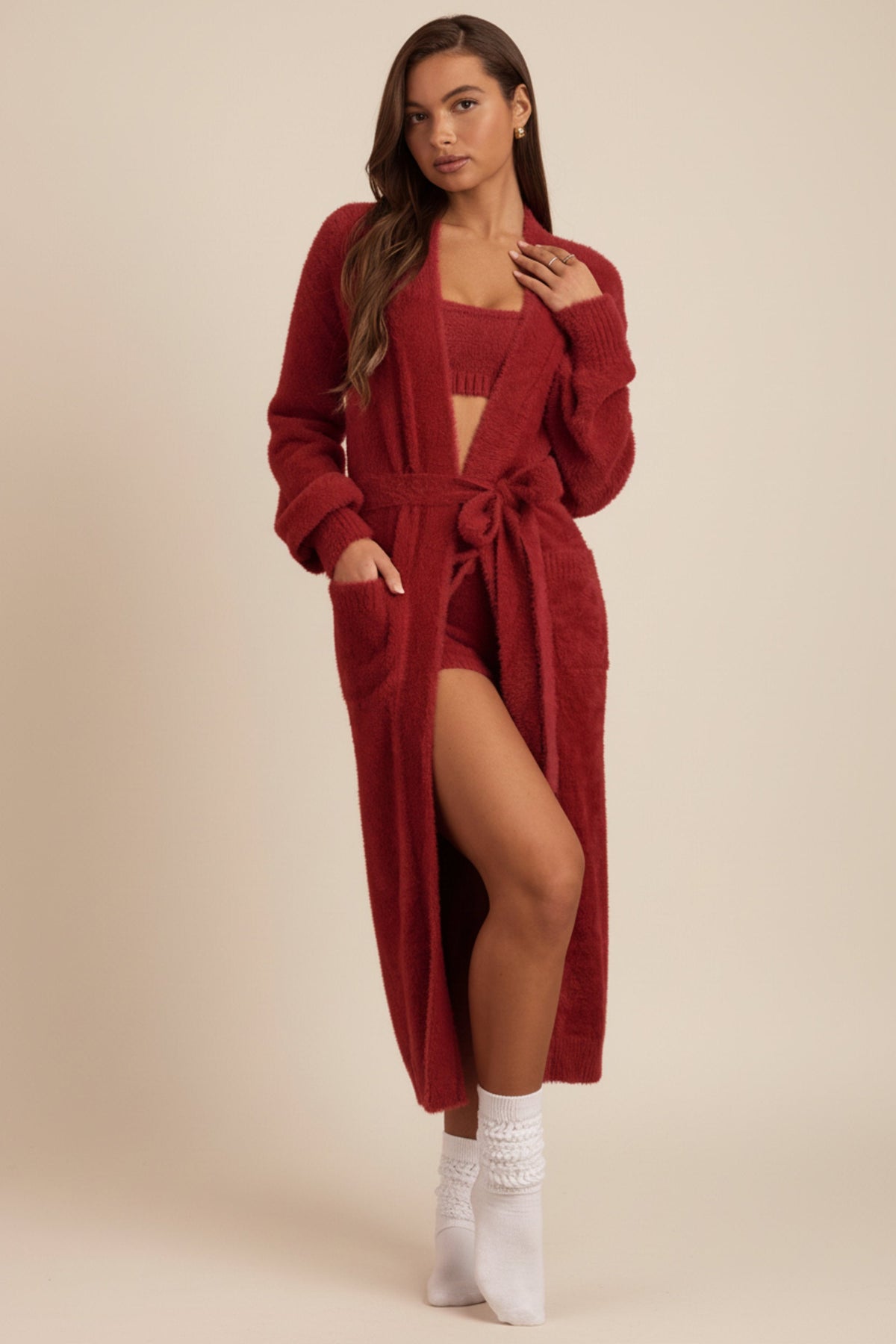 Women's Fluffy Knit Longline Cardigan in Ruby Red — Sweater