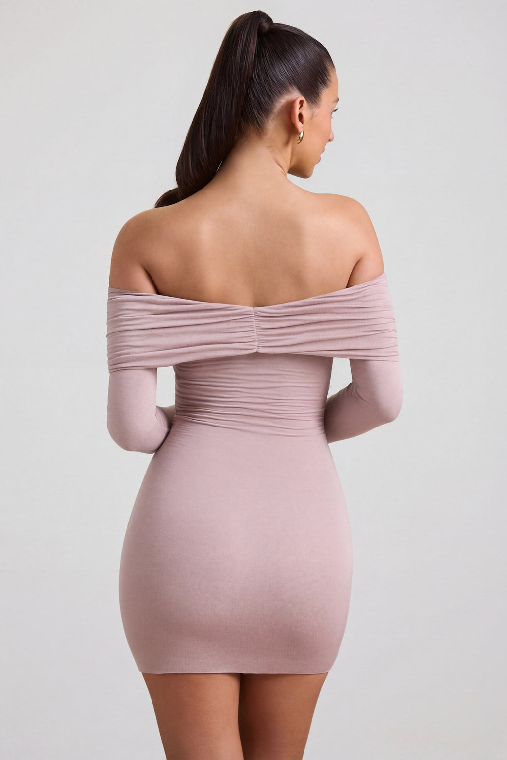 Women's Modal-Cashmere Blend Off-Shoulder Ruched Mini Dress in Taupe — Dress