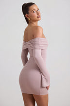 Women's Modal-Cashmere Blend Off-Shoulder Ruched Mini Dress in Taupe — Dress