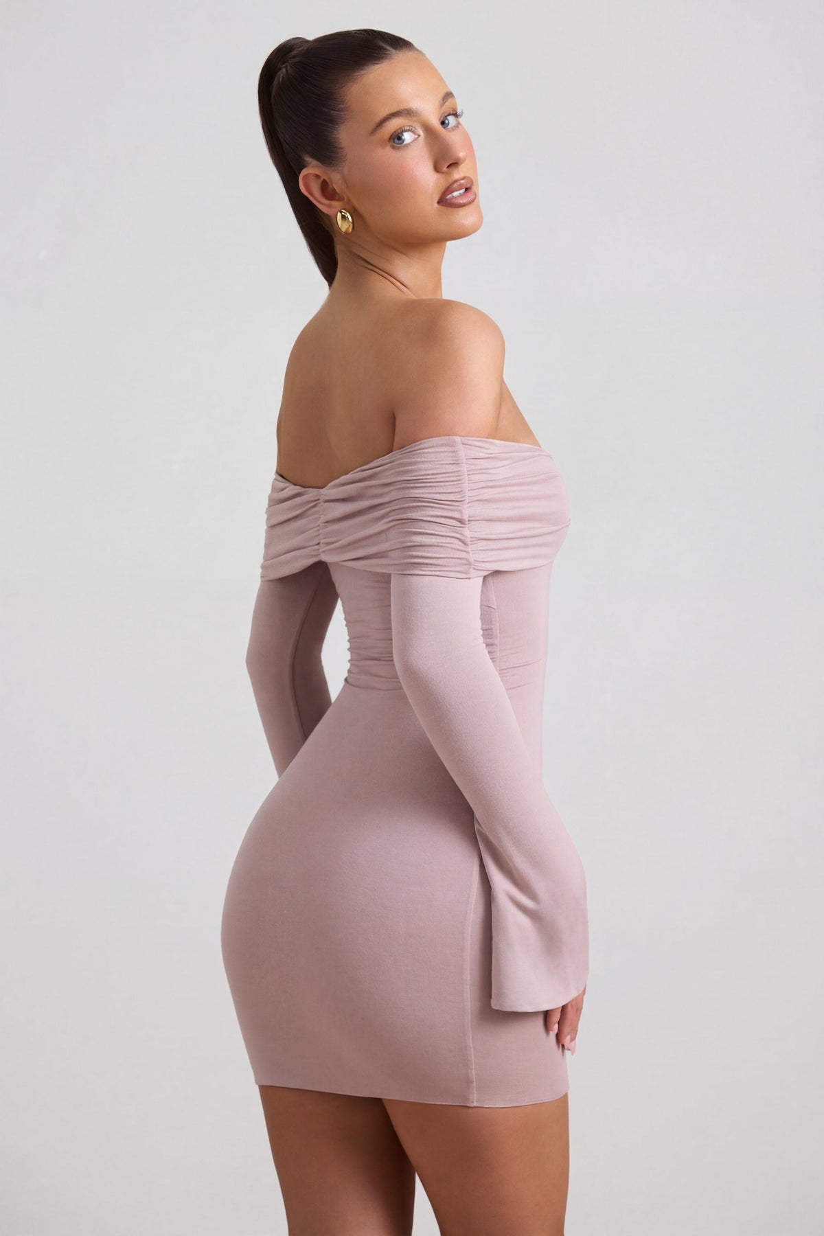 Women's Modal-Cashmere Blend Off-Shoulder Ruched Mini Dress in Taupe — Dress