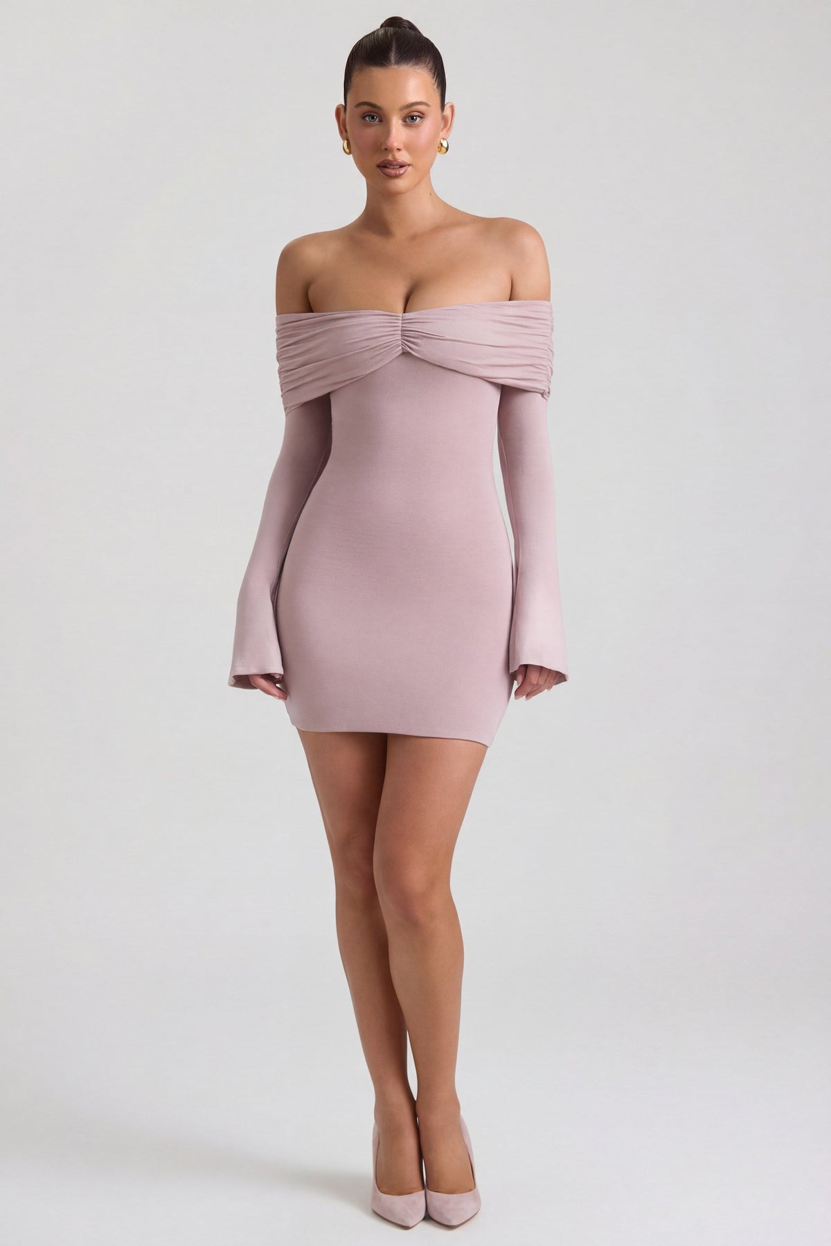 Women's Modal-Cashmere Blend Off-Shoulder Ruched Mini Dress in Taupe — Dress
