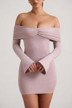 Women's Modal-Cashmere Blend Off-Shoulder Ruched Mini Dress in Taupe — Dress