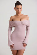 Women's Modal-Cashmere Blend Off-Shoulder Ruched Mini Dress in Taupe — Dress