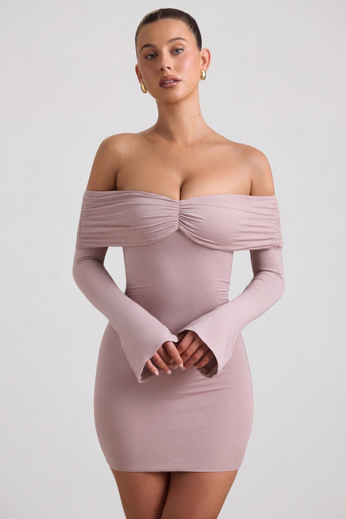 Women's Modal-Cashmere Blend Off-Shoulder Ruched Mini Dress in Taupe — Dress