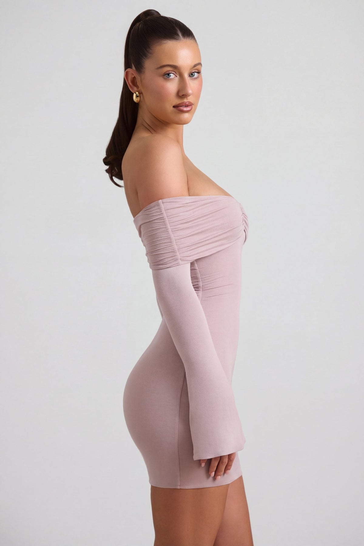 Women's Modal-Cashmere Blend Off-Shoulder Ruched Mini Dress in Taupe — Dress