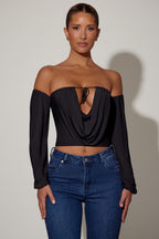 Women's Off-Shoulder Draped Balloon-Sleeve Top in Black
