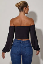 Women's Off-Shoulder Draped Balloon-Sleeve Top in Black