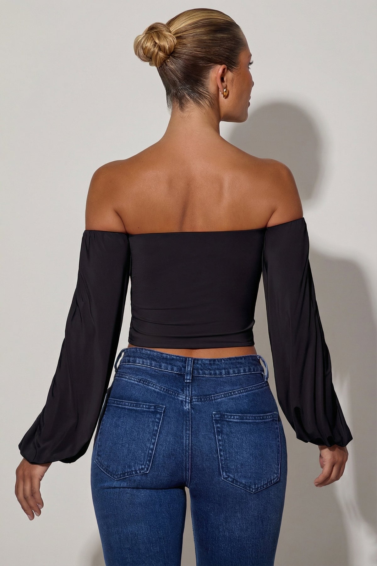 Women's Off-Shoulder Draped Balloon-Sleeve Top in Black