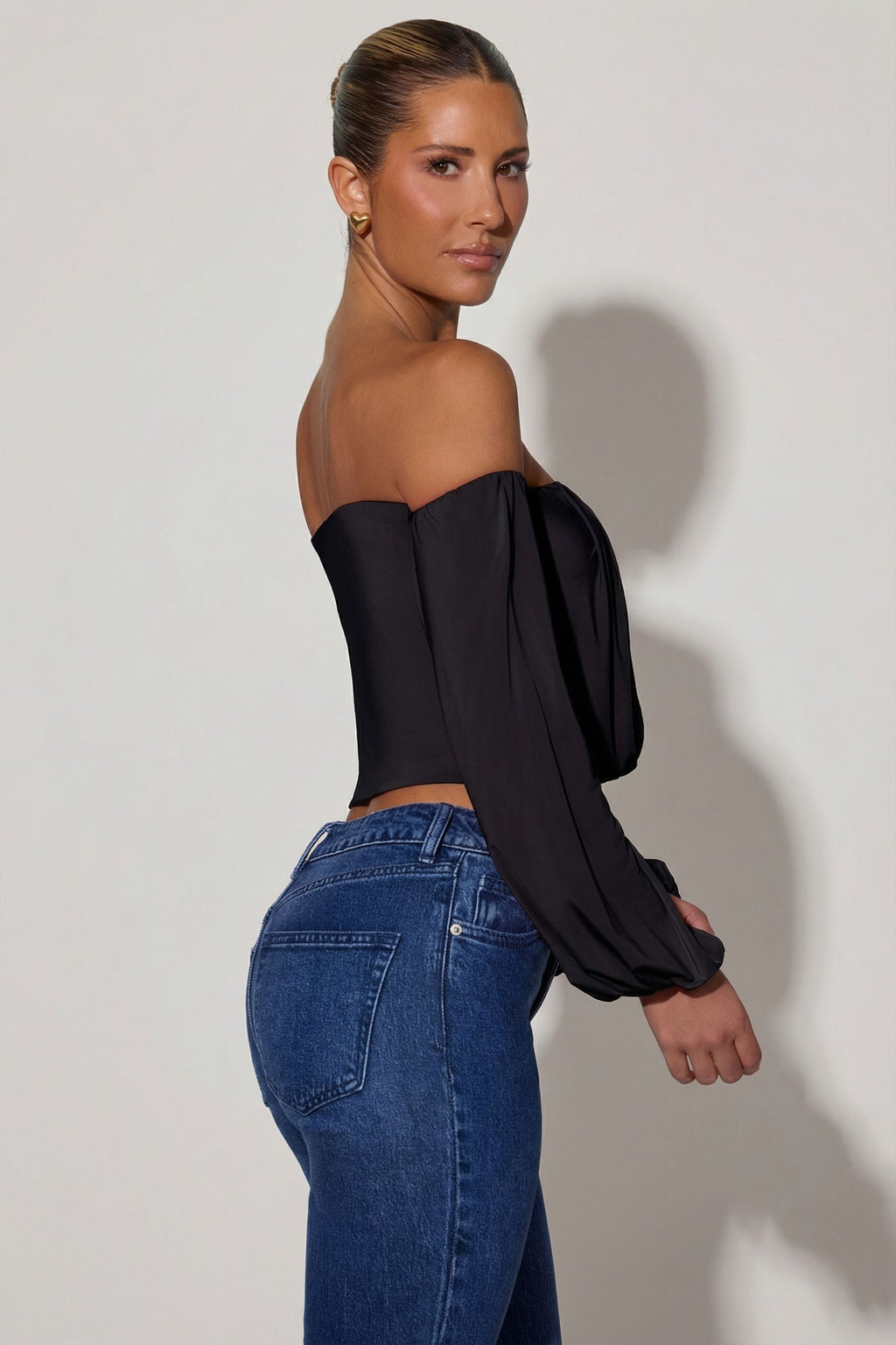 Women's Off-Shoulder Draped Balloon-Sleeve Top in Black