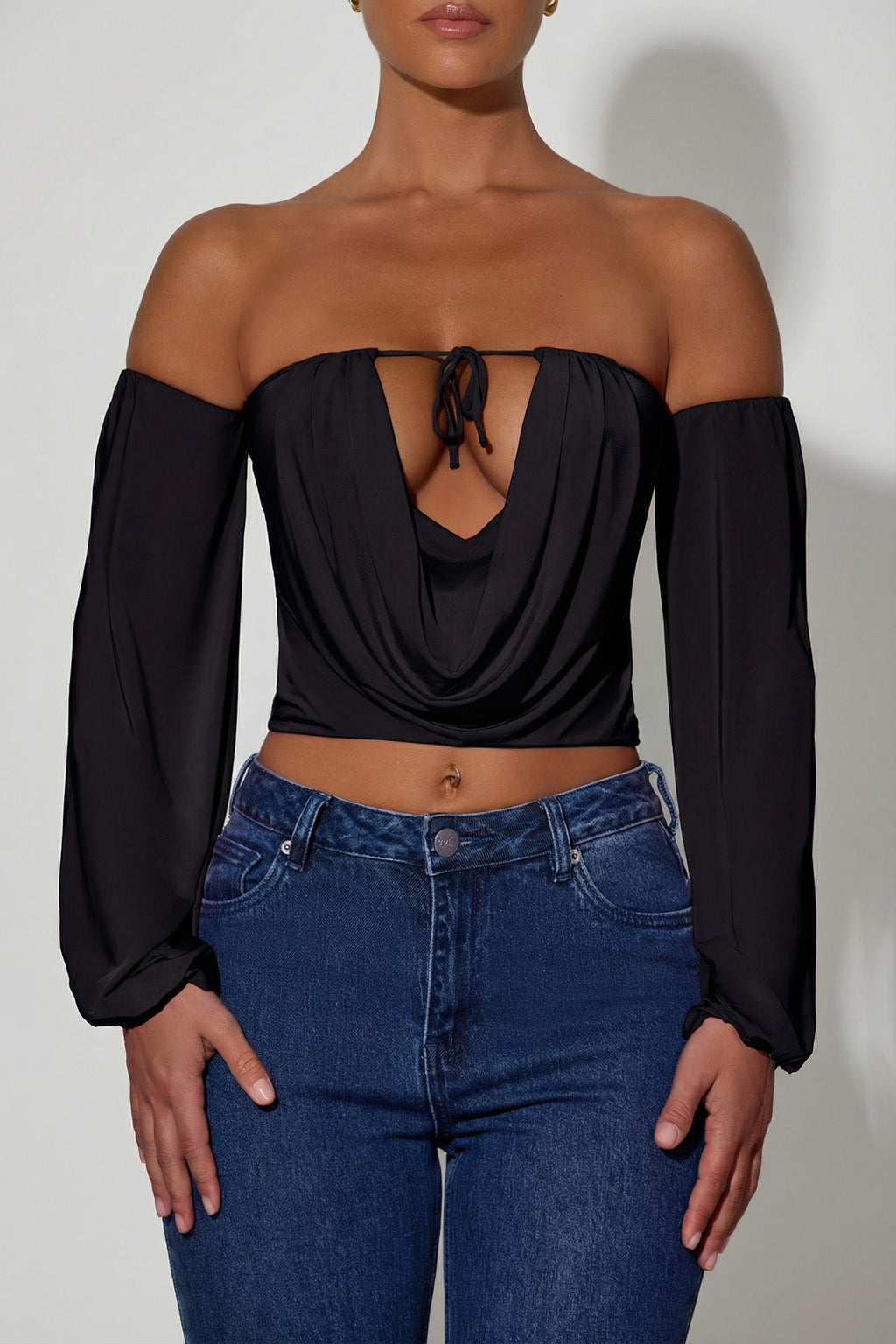Women's Off-Shoulder Draped Balloon-Sleeve Top in Black