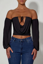 Women's Off-Shoulder Draped Balloon-Sleeve Top in Black