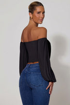 Women's Off-Shoulder Draped Balloon-Sleeve Top in Black