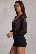 Women's Sheer Lace Plunge-Neck Loose-Fit Playsuit in Black — Jumpsuit or Romper