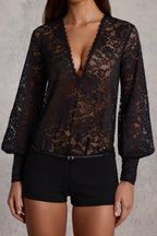 Women's Sheer Lace Plunge-Neck Loose-Fit Playsuit in Black — Jumpsuit or Romper
