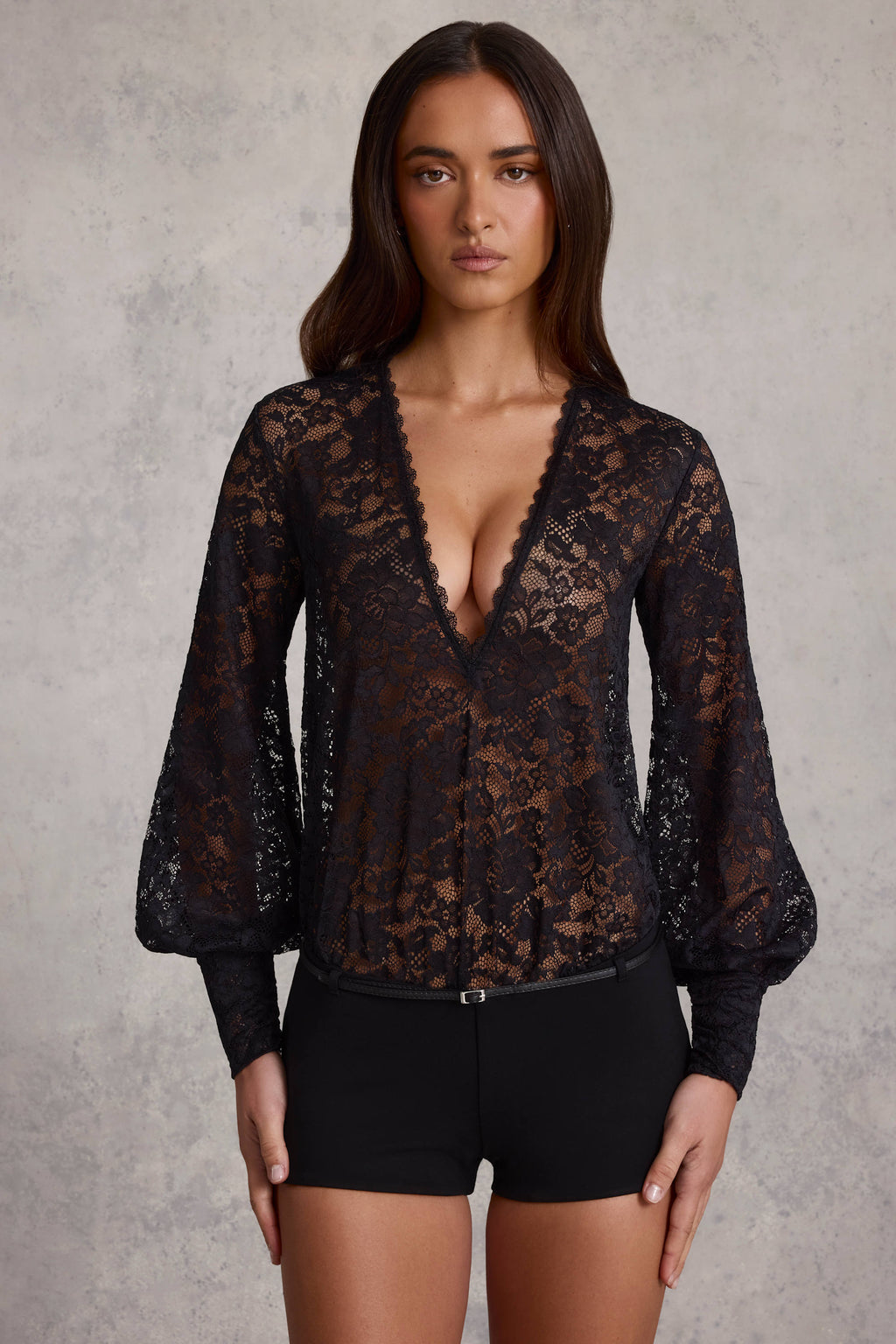 Women's Sheer Lace Plunge-Neck Loose-Fit Playsuit in Black — Jumpsuit or Romper
