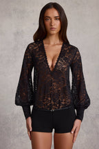 Women's Sheer Lace Plunge-Neck Loose-Fit Playsuit in Black — Jumpsuit or Romper