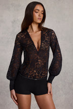 Women's Sheer Lace Plunge-Neck Loose-Fit Playsuit in Black — Jumpsuit or Romper