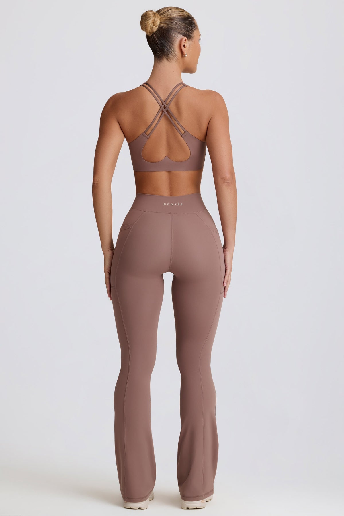 Women's Soft Active V-Waist Pocket Flared Leggings in Mocha — Activewear