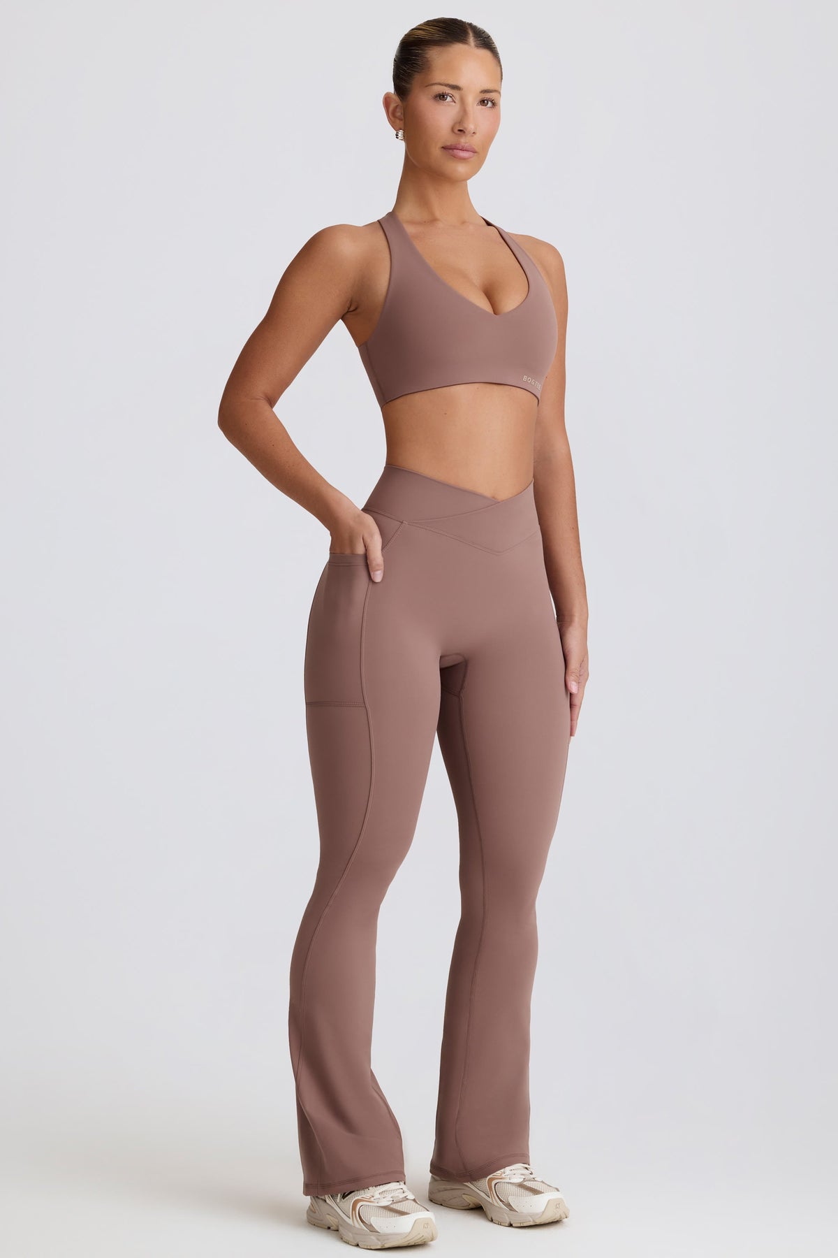 Women's Soft Active V-Waist Pocket Flared Leggings in Mocha — Activewear