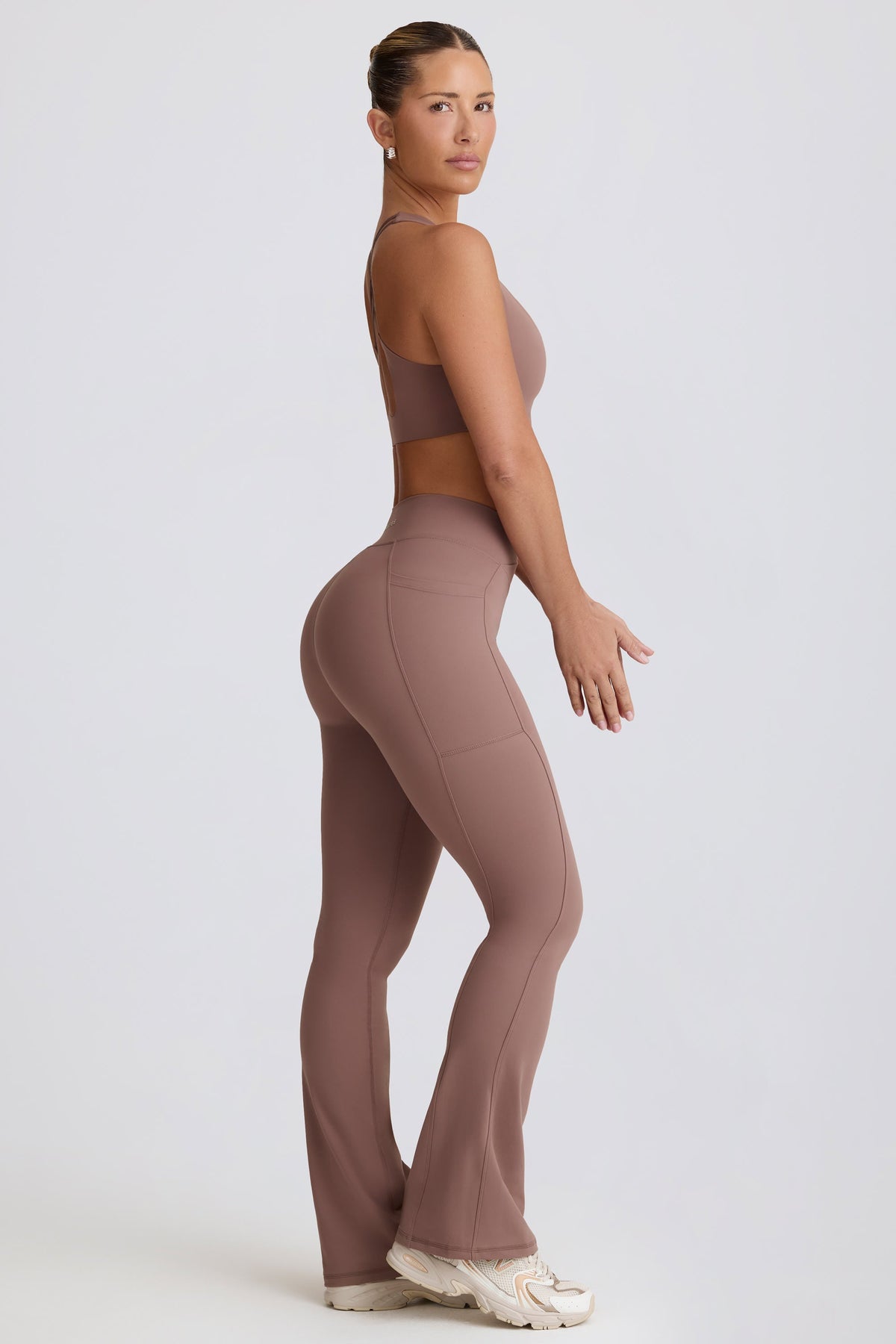 Women's Soft Active V-Waist Pocket Flared Leggings in Mocha — Activewear