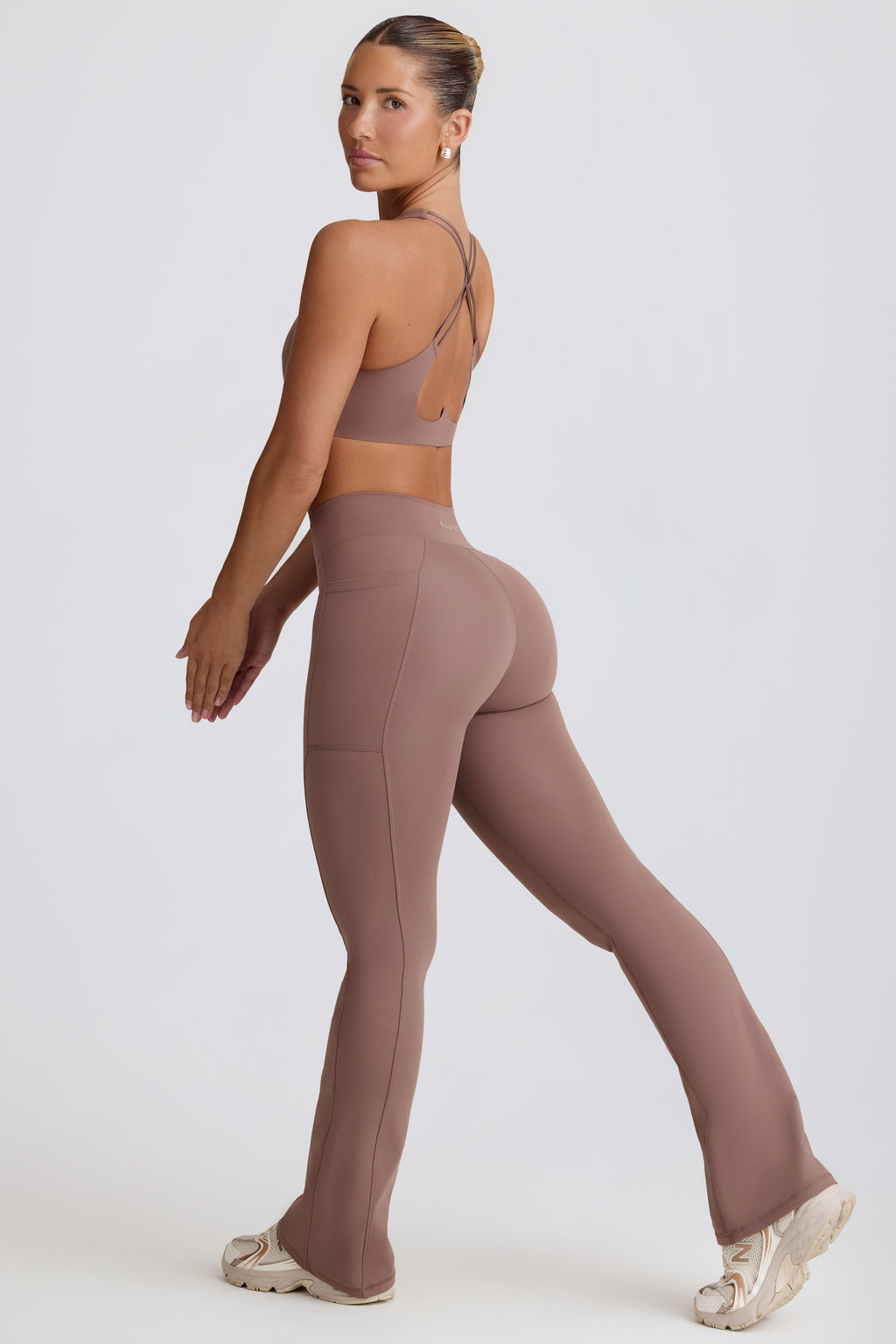 Women's Soft Active V-Waist Pocket Flared Leggings in Mocha — Activewear