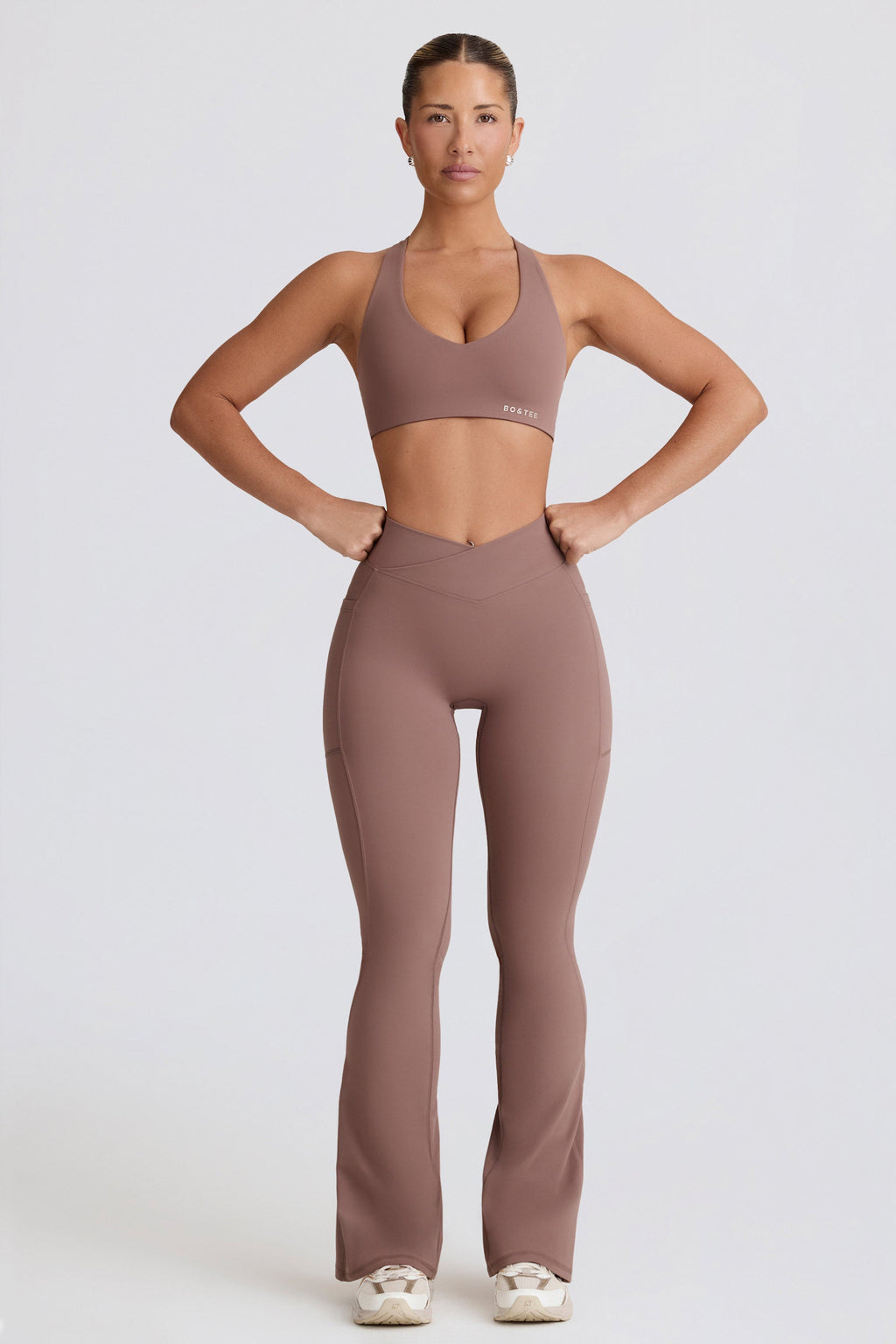 Women's Soft Active V-Waist Pocket Flared Leggings in Mocha — Activewear