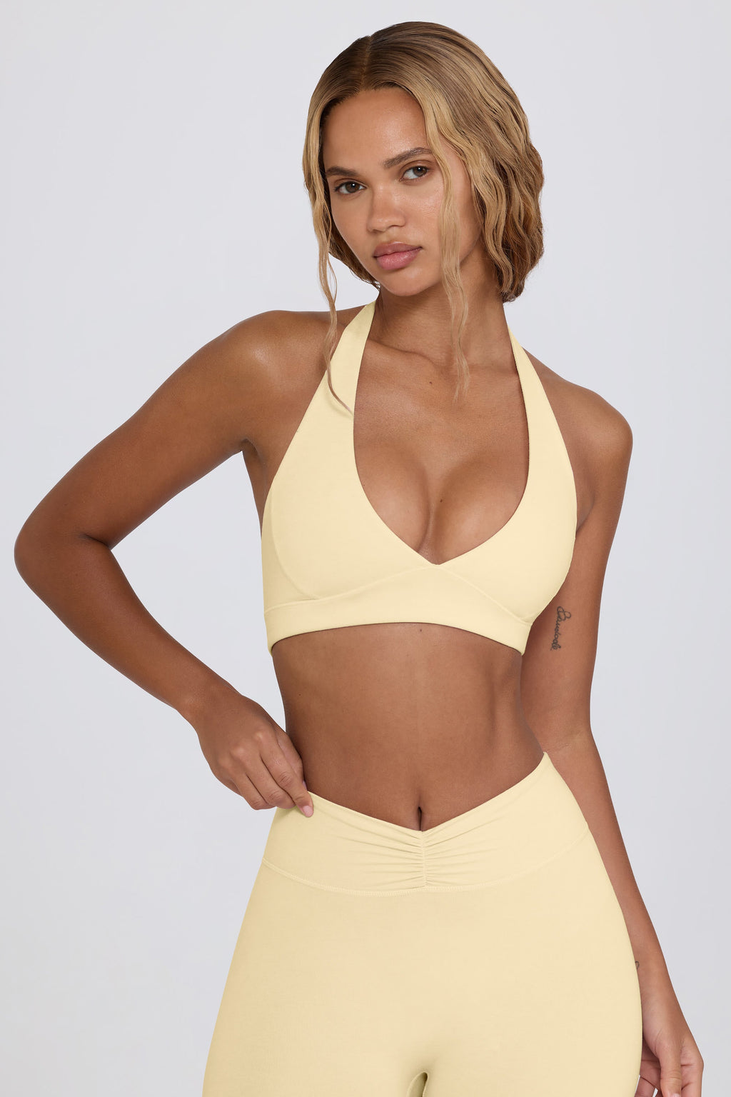 Women's Brushed Jersey V-Neck Sports Bra in Lemon Marl — Activewear