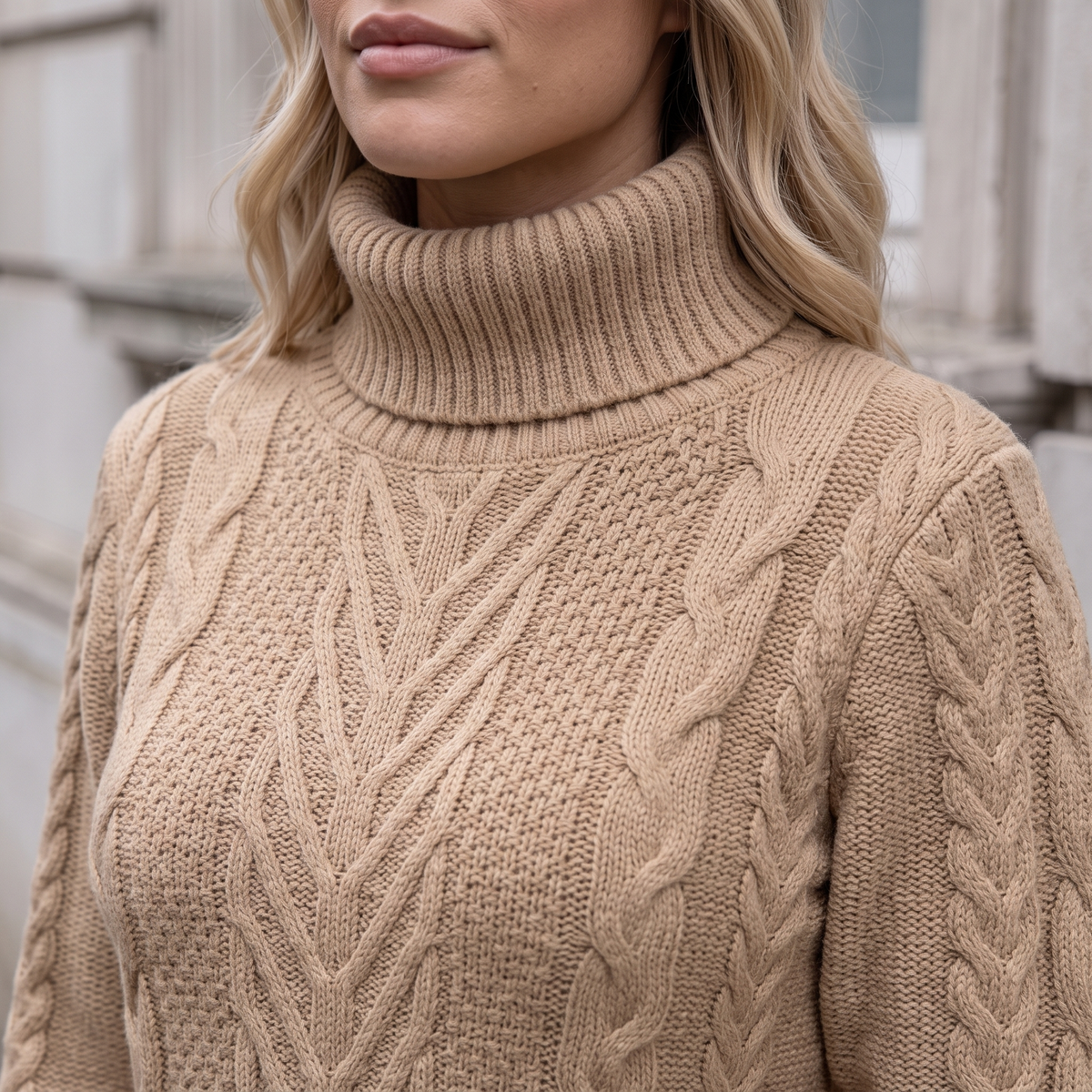 Khaki cable-knit turtleneck sweater dress — feature 2